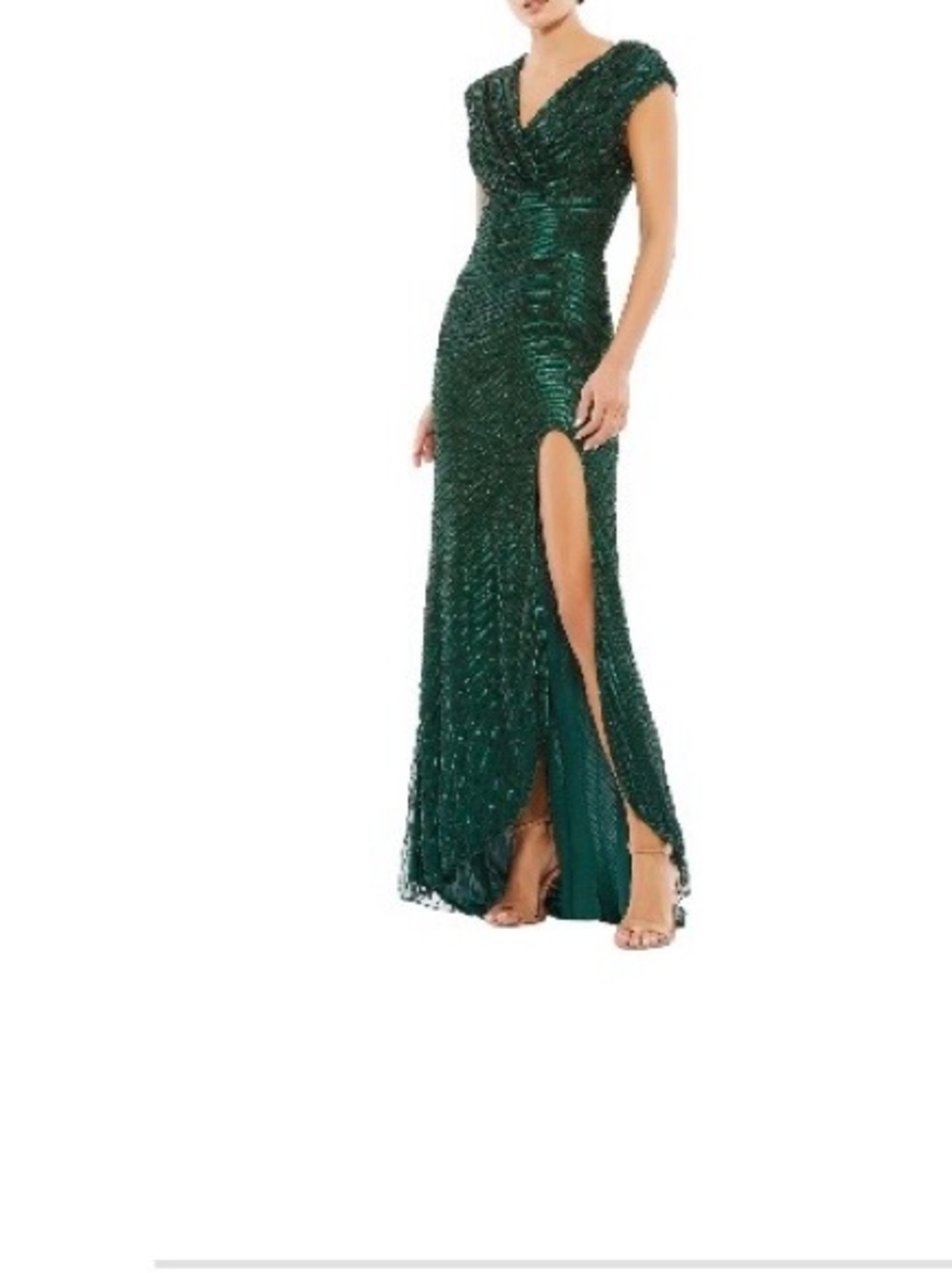 Mac Duggal Emerald Green Sequin V-Neck Maxi Gown with High Slit